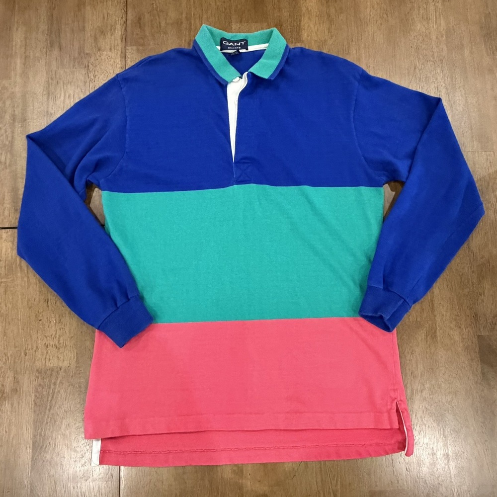 Vintage Men's Gant Rugger Rugby Polo Shirt Long Sleeved Colorblock Striped Sz L